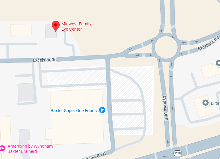 Google Map snippet showing the location of Midwest Family Eye Center on Excelsior Road in Baxter, near Cypress Drive South and Super One Foods.